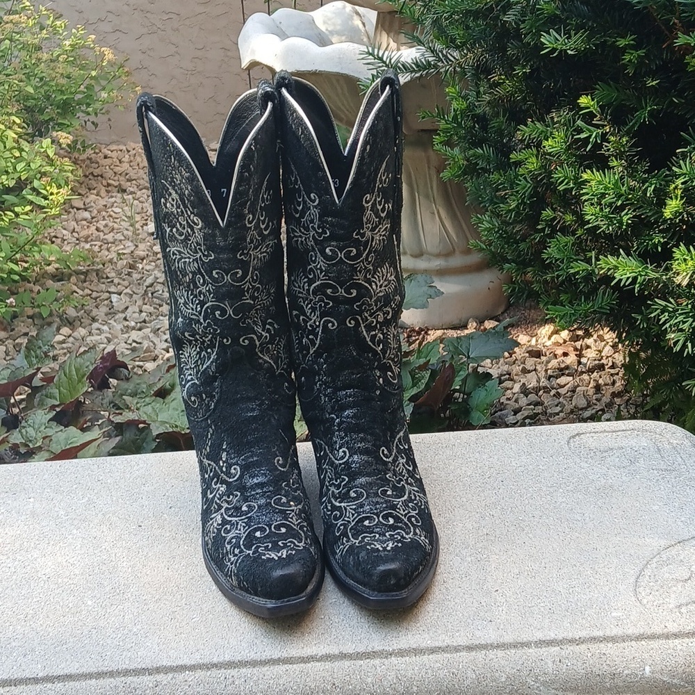 Lucchese Women's N4717 Black Metallic Sueded Python Print Western Boot Sz 7 - Picture 4 of 16